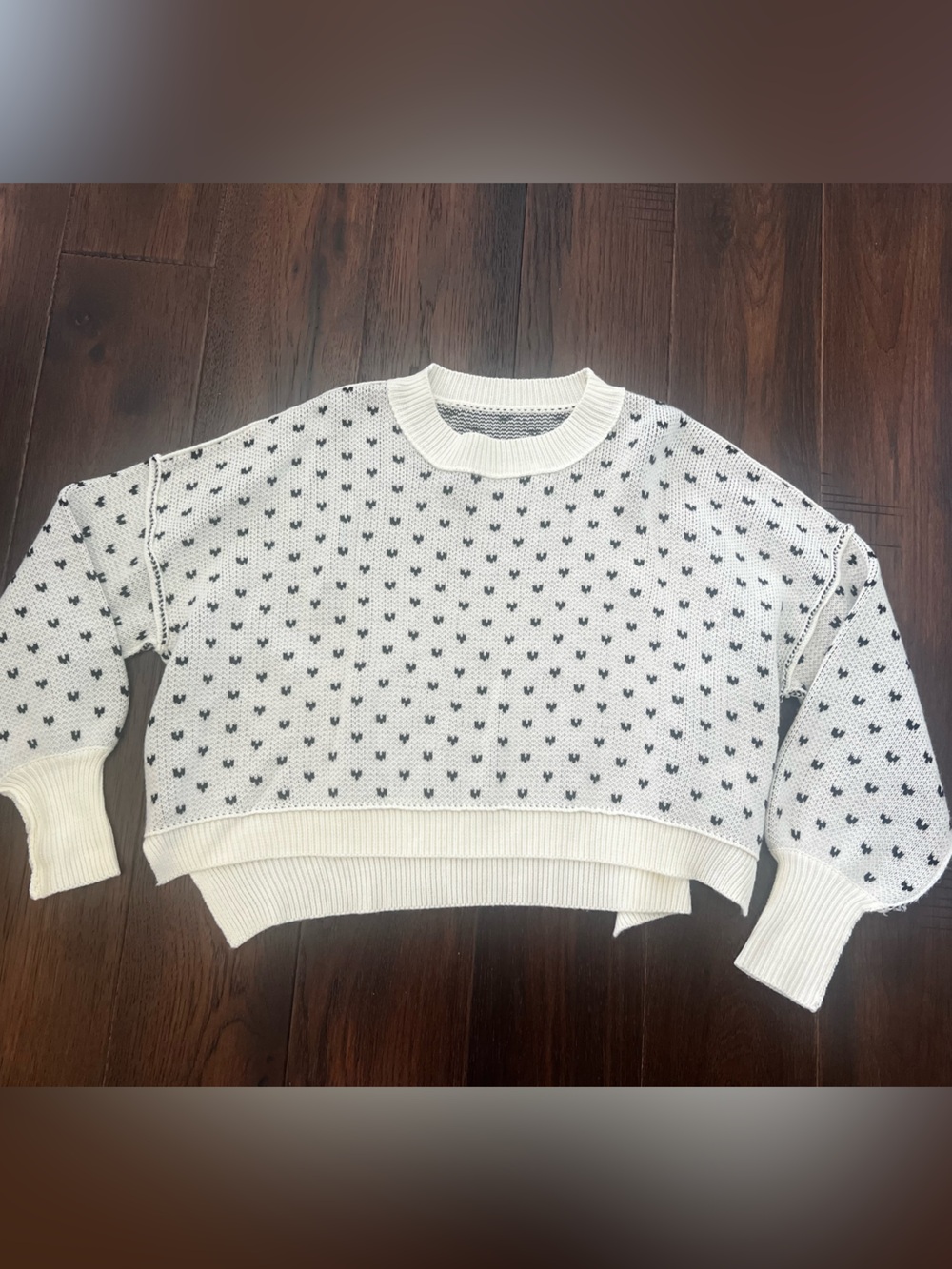 White Knit Sweater with Black polka Dot Pattern